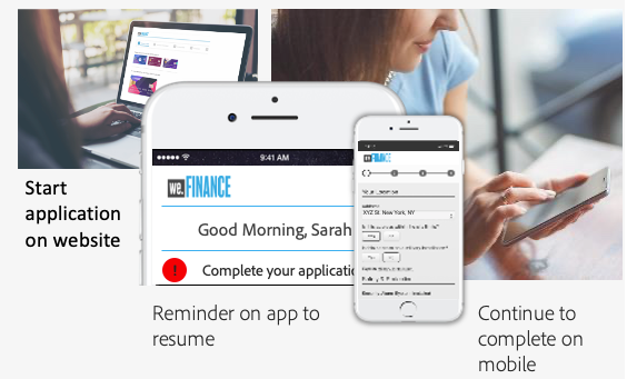Mobile phone and webpage showing how you can start application on website and finish on your mobile device. 