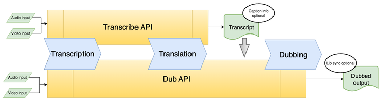 Workflow diagram showing transcription, translation, and dubbing steps