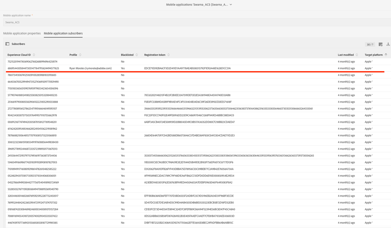 App subscriber list, verify mid and Registration token