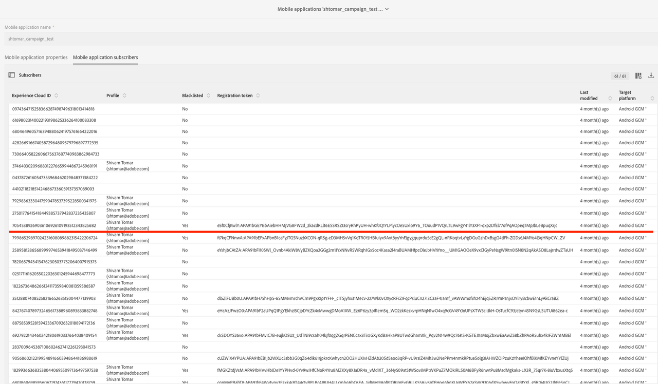 App subscriber list, verify mid and push token