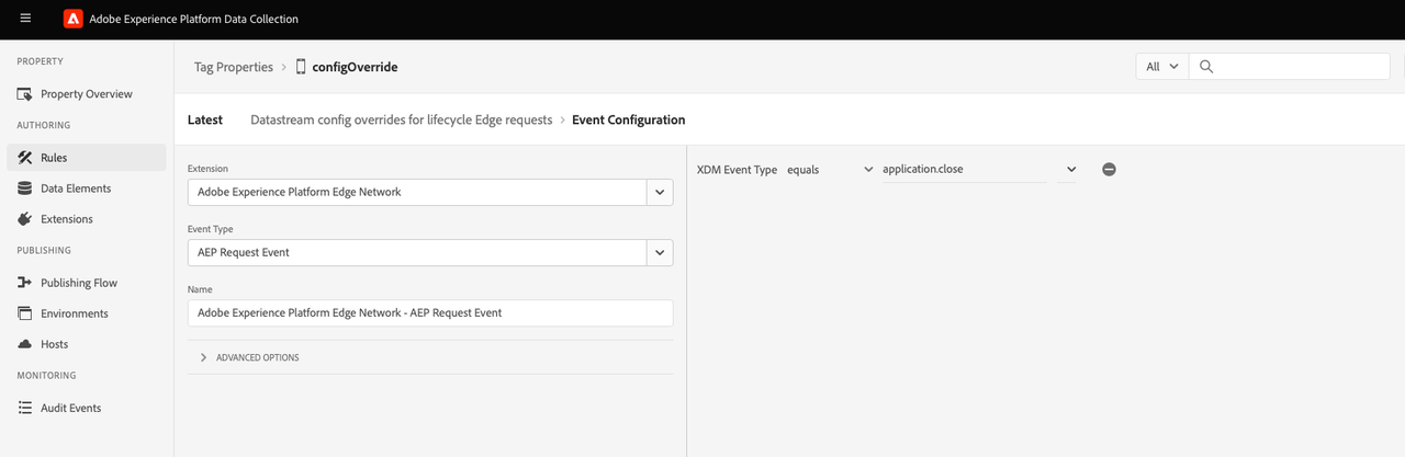 Sample rule configuration application.close event