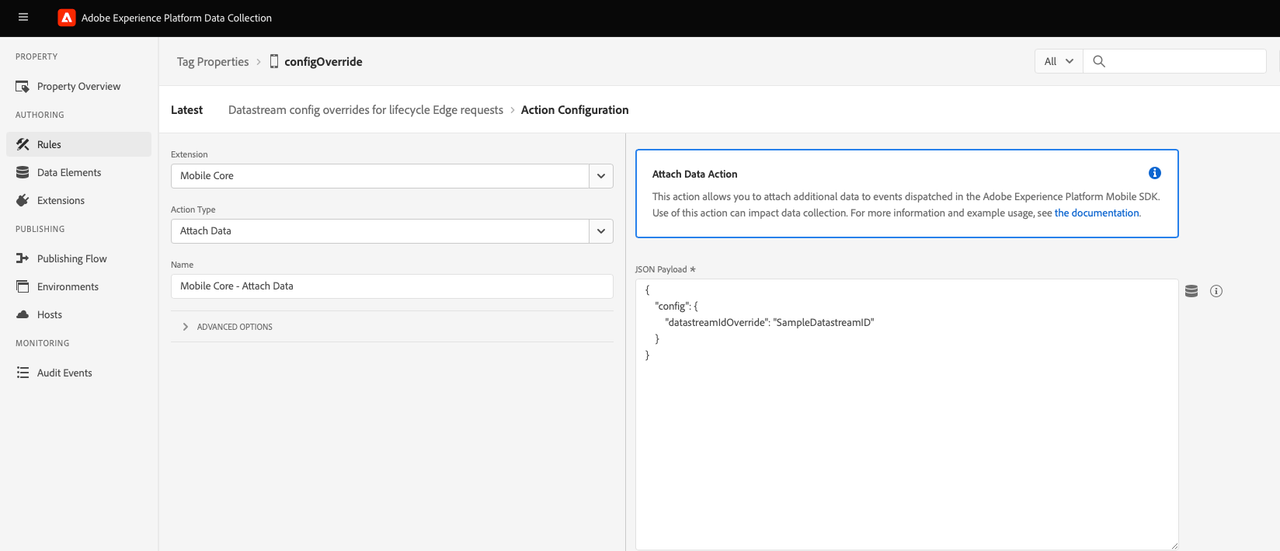Action configuration - Datastream ID override payload 