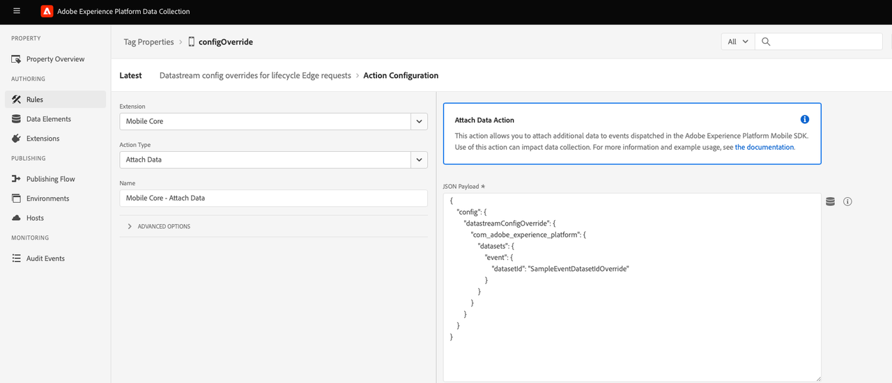Action configuration - Datastream ID override payload 