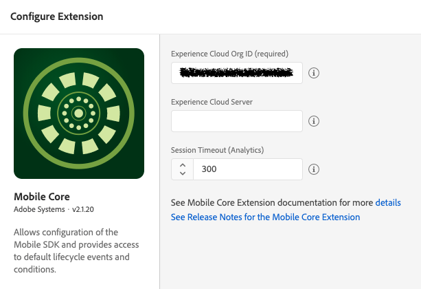 Mobile Core extension configuration