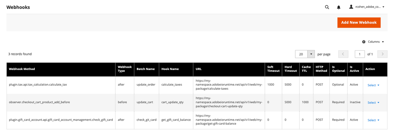 Webhooks grid page