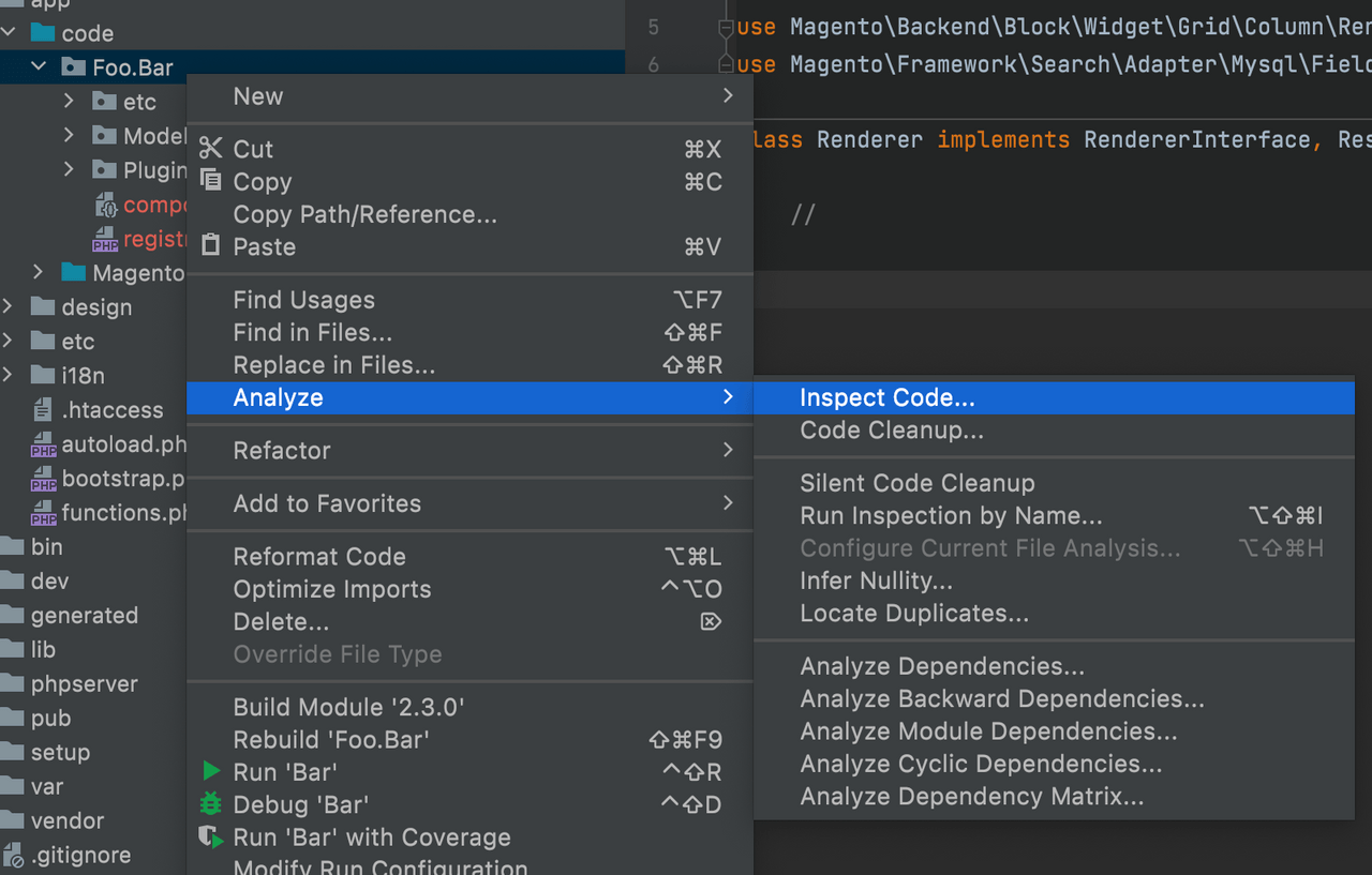 run inspect code from context menu
