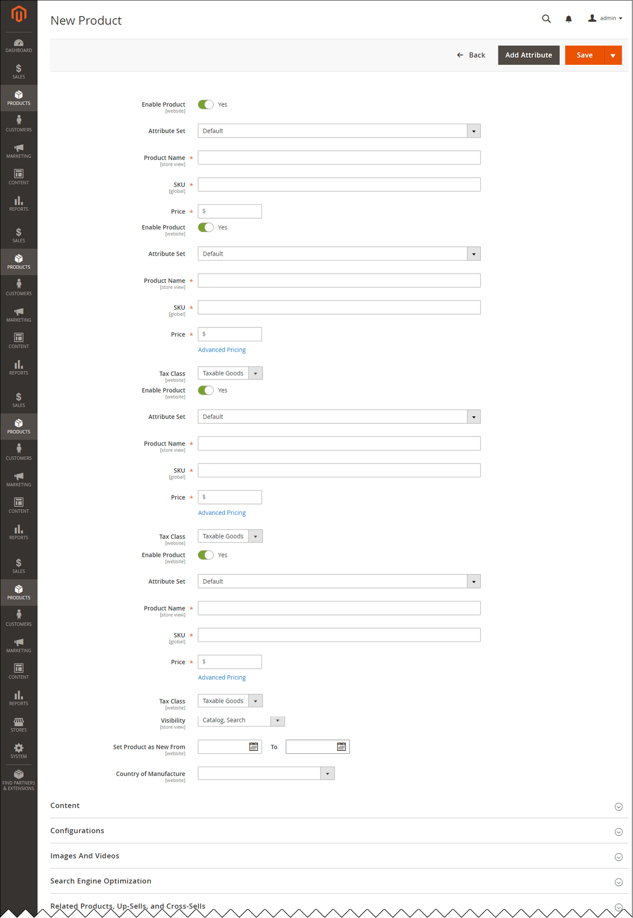 The product creation page in Admin