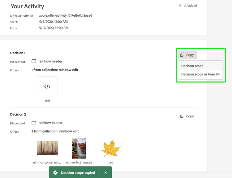 UI image showing the Offer Decisioning UI, highlighting the decision scope.