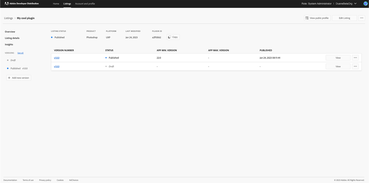 Screenshot of the versions being displayed in a table including version number, status, app min and max version, and the publication date