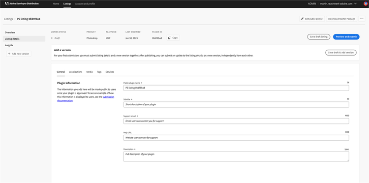 Screenshot of the listing details page with a form to edit the plugin information