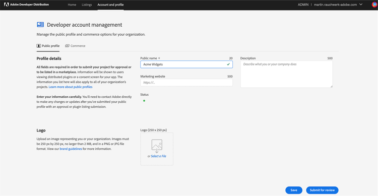 Screenshot of the Account and information page, containing the option to specify "public name", "marketing website", "description", a 250*250 px logo, and Commerce information
