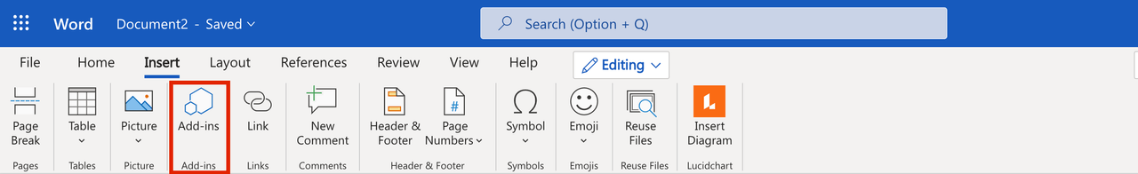 Select Add-Ins under the Insert tab in Microsoft Word Web