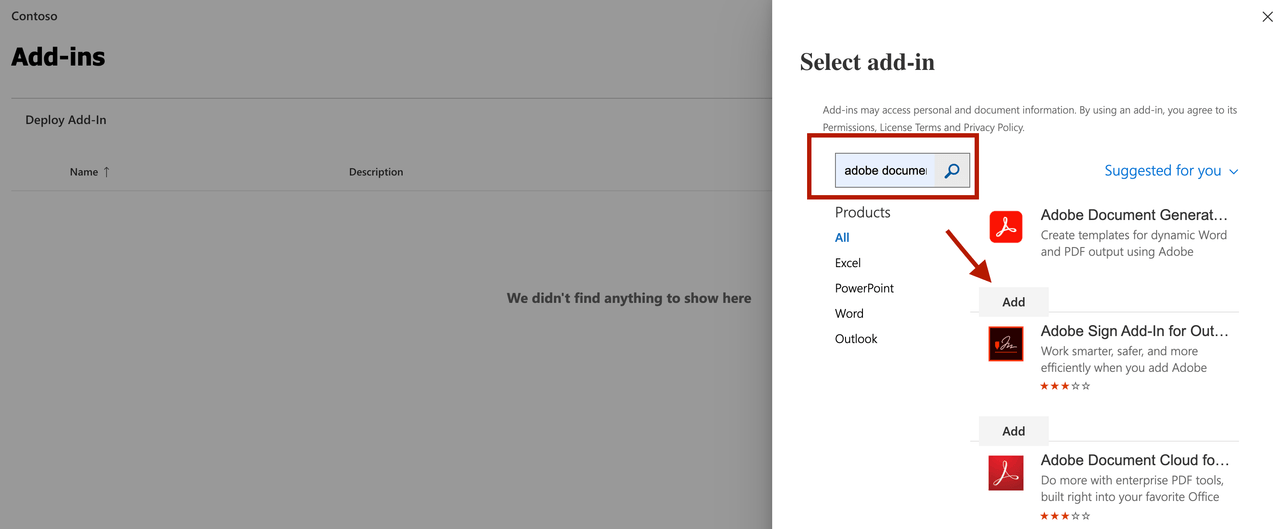 Microsoft 365 Admin Center tenant search results for Adobe Document Generation