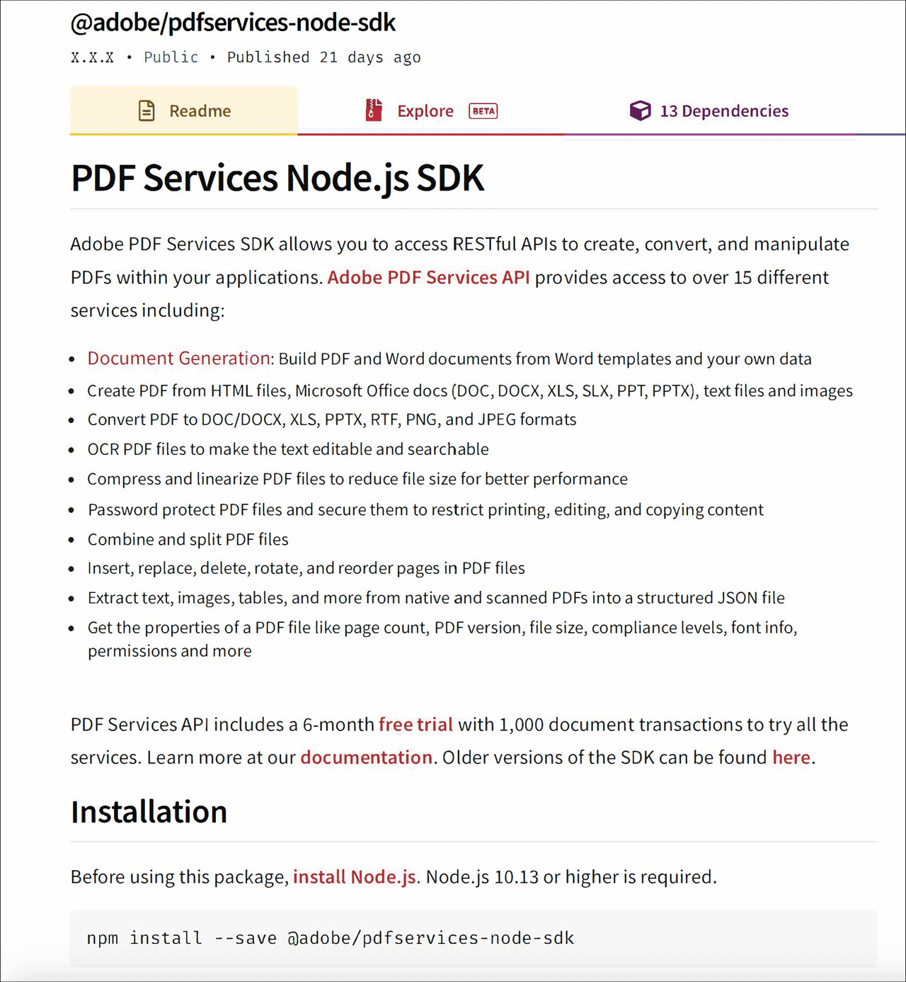 Adobe PDF Services SDK on NPM JS