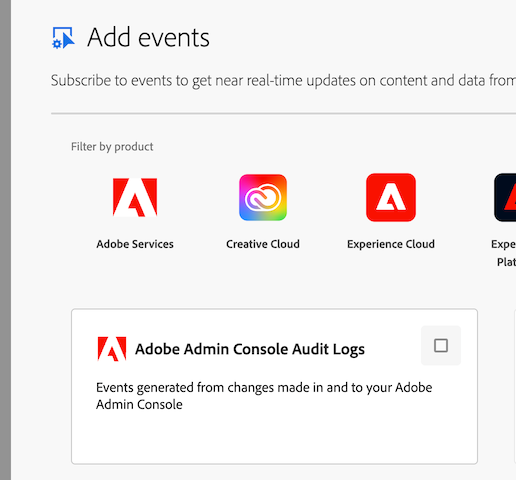 Shows the Adobe Admin Console Audit Log event provider available for selection via the Add Event option in a project