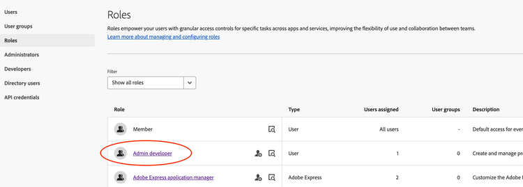 Adobe Admin Console view with a list of user roles, including Admin developer