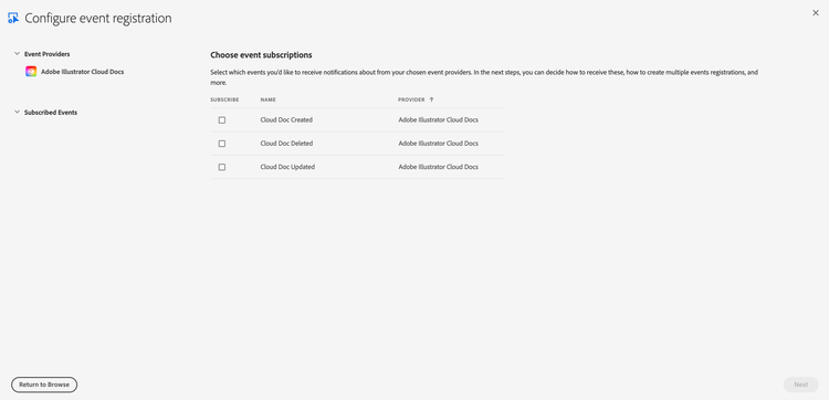 UI for subscribing to events for Adobe Illustrator Cloud Docs