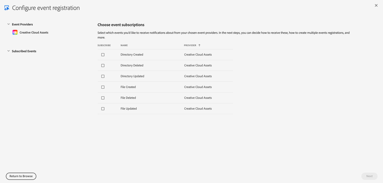 UI for subscribing to events for Creative Cloud Assets
