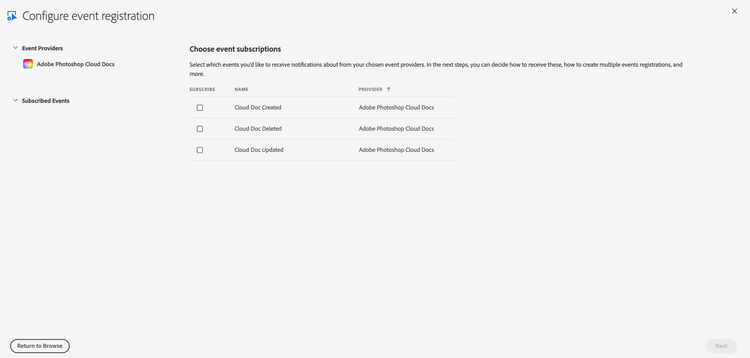 UI for subscribing to events for Adobe Photoshop Cloud Docs