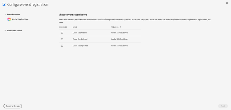 UI for subscribing to events for Adobe XD Cloud Docs