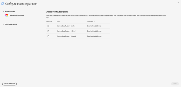 UI for subscribing to events for Creative Cloud Libraries