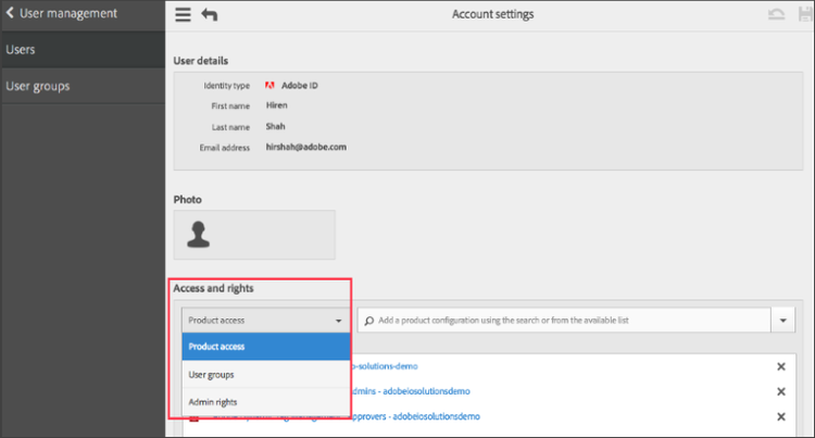 Setting the user access rights