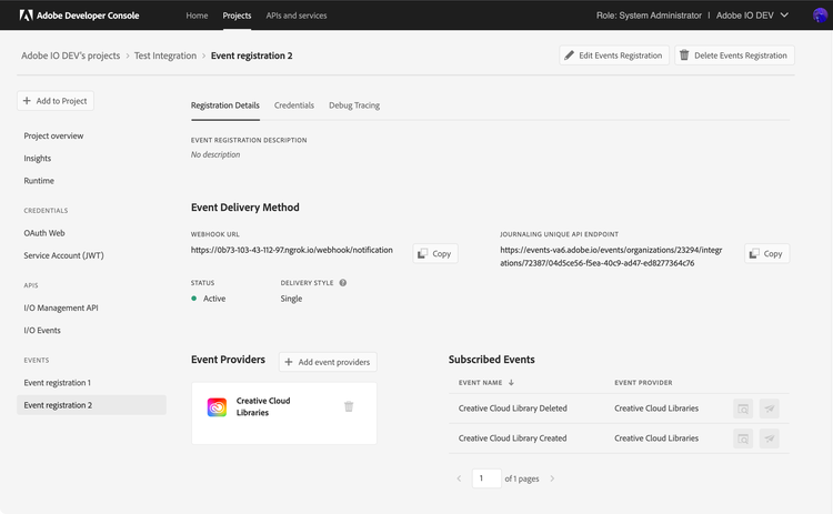 Event Registration Details tab in Adobe Developer Console