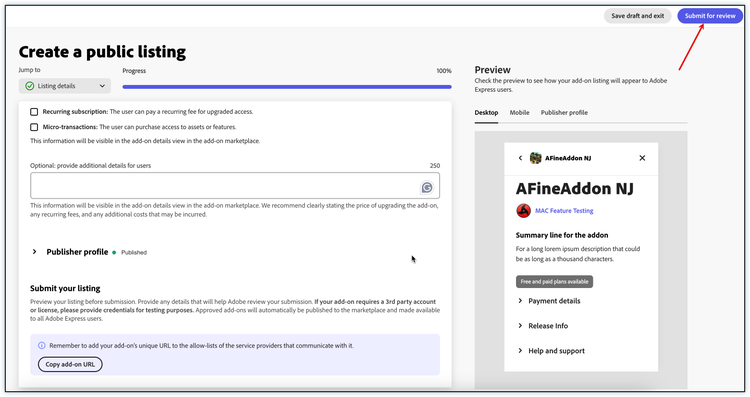 Submitting the listing
