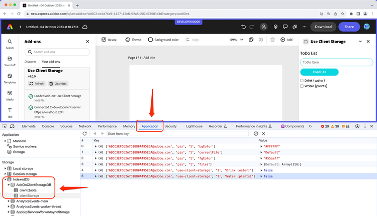 application tab indexed db screenshot
