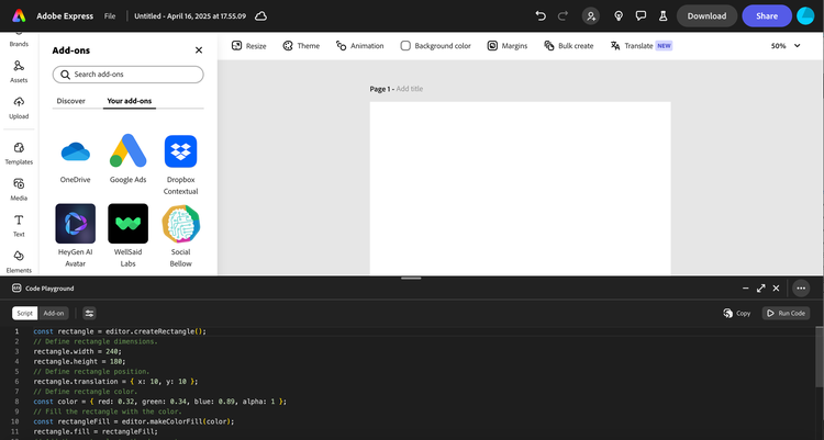 Adobe Express Code Playground Open