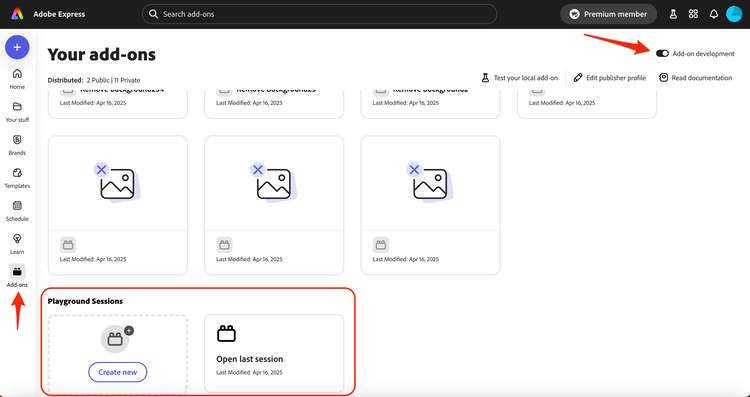 Manage Your add-ons page