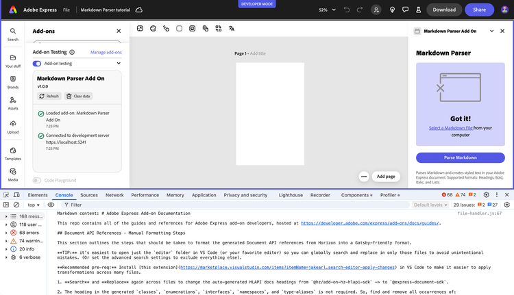 Markdown Parser with console text