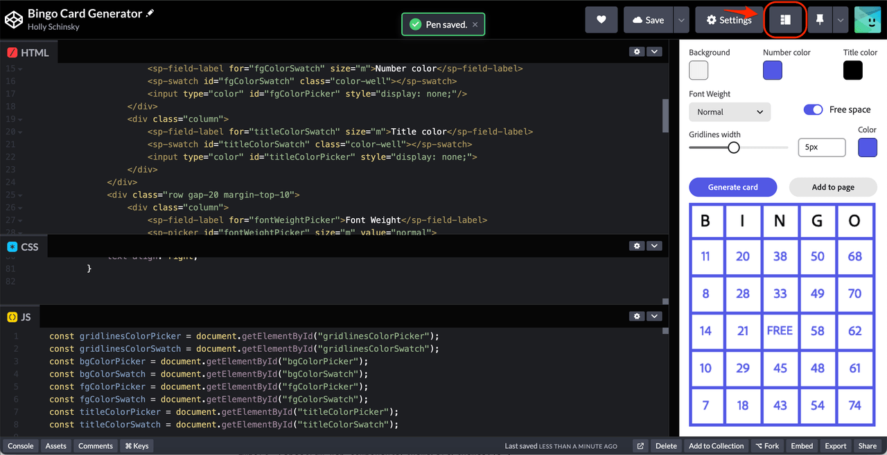 Bingo codepen screenshot