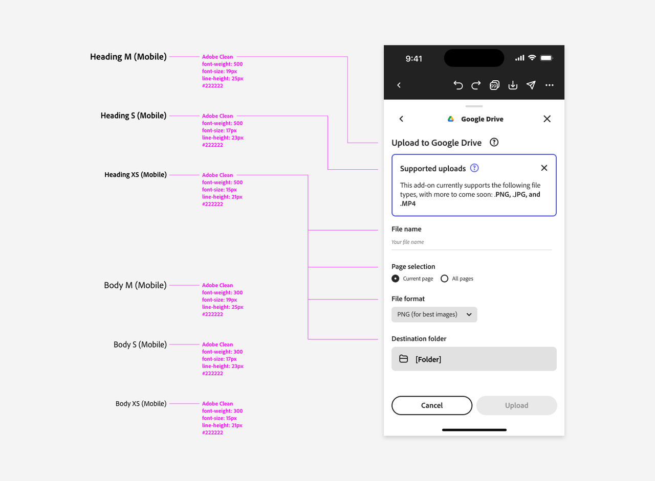 Mobile typography specs