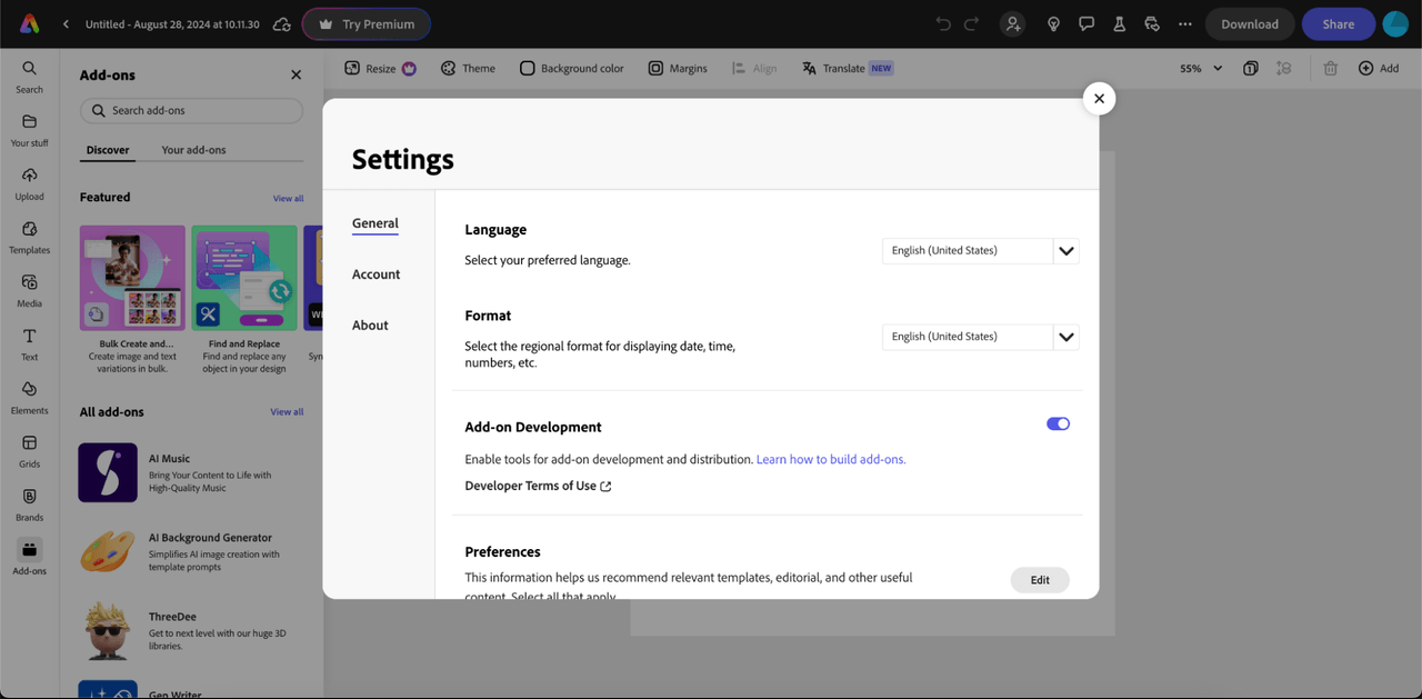 Adobe Express Settings