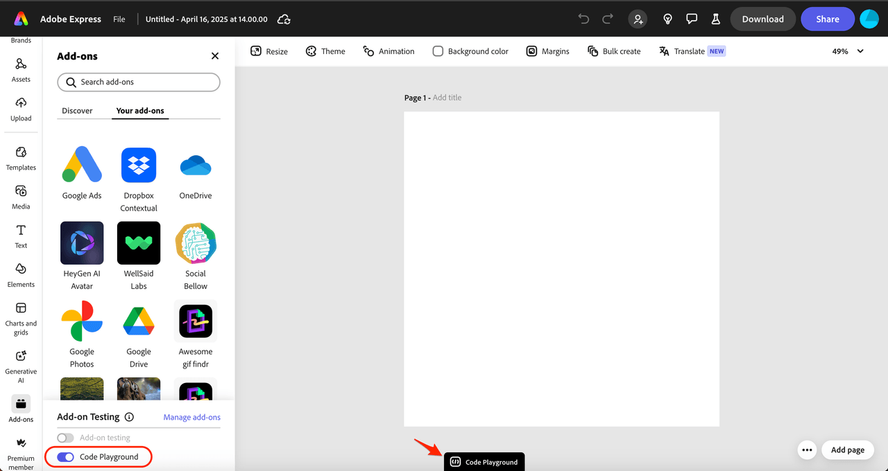 Code Playground Add-on Mode