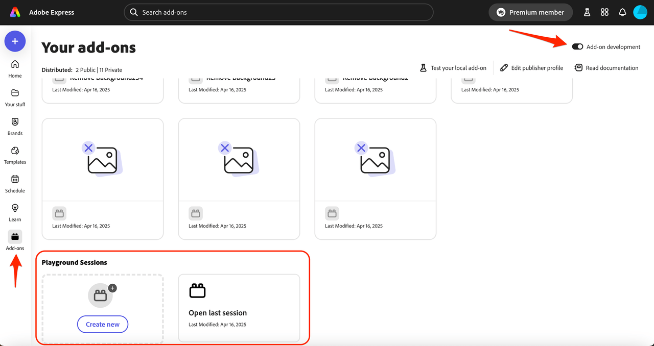Manage Your add-ons page