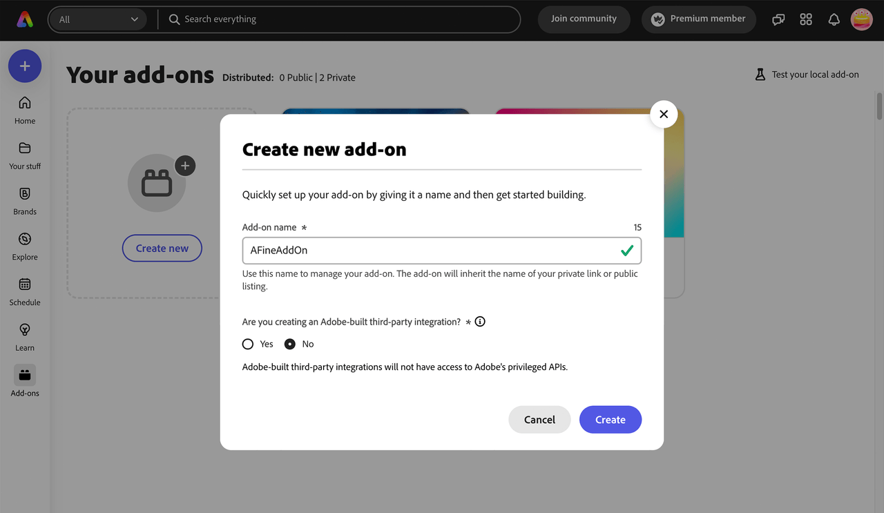 Add-on name modal