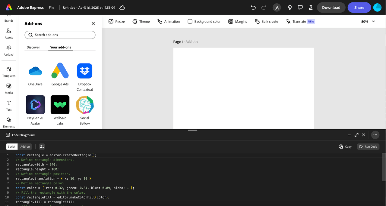 Adobe Express Code Playground Open