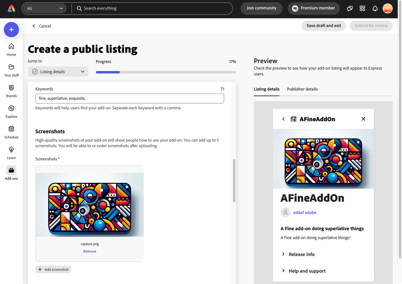 Public listing screenshots