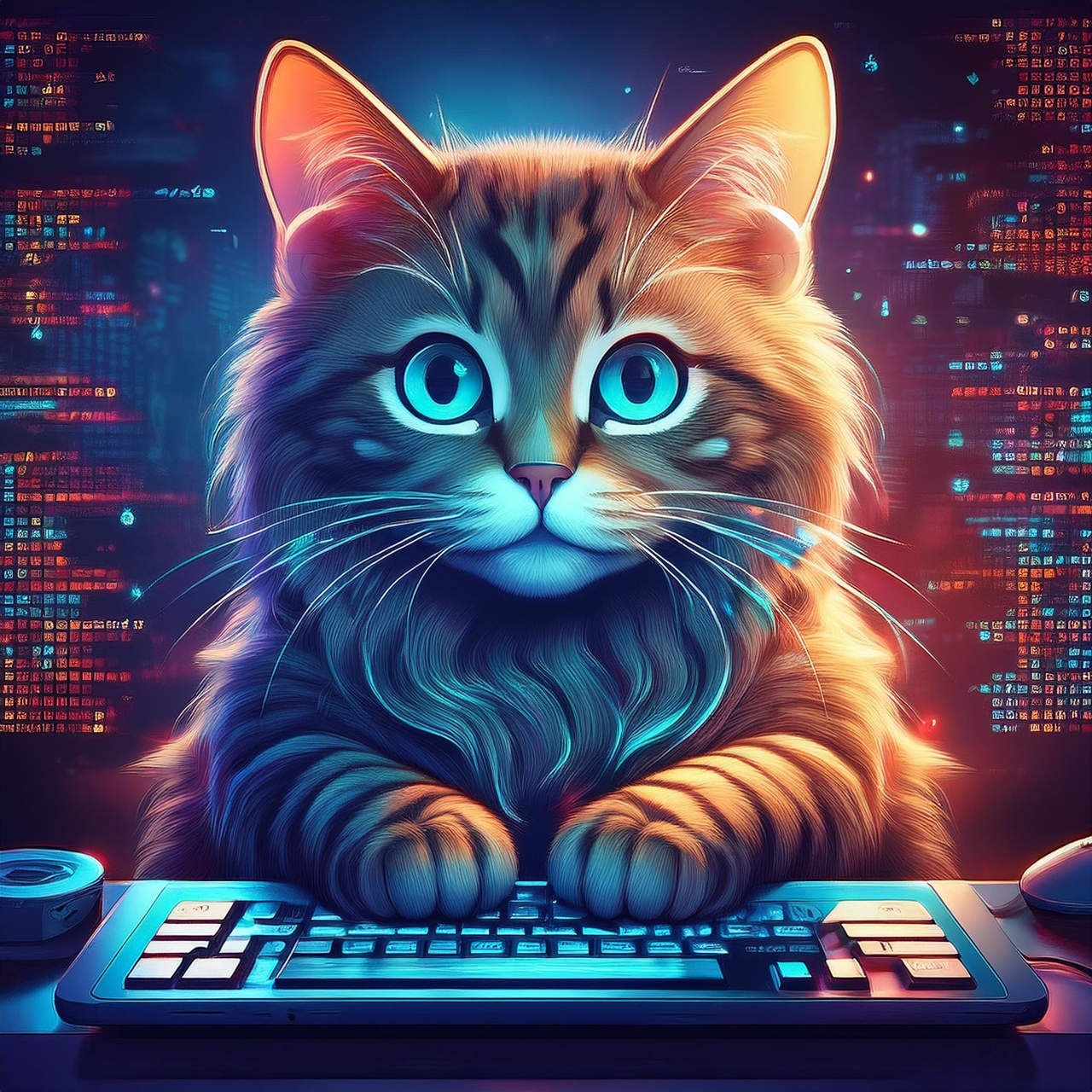 an illustration of a cat coding on a laptop