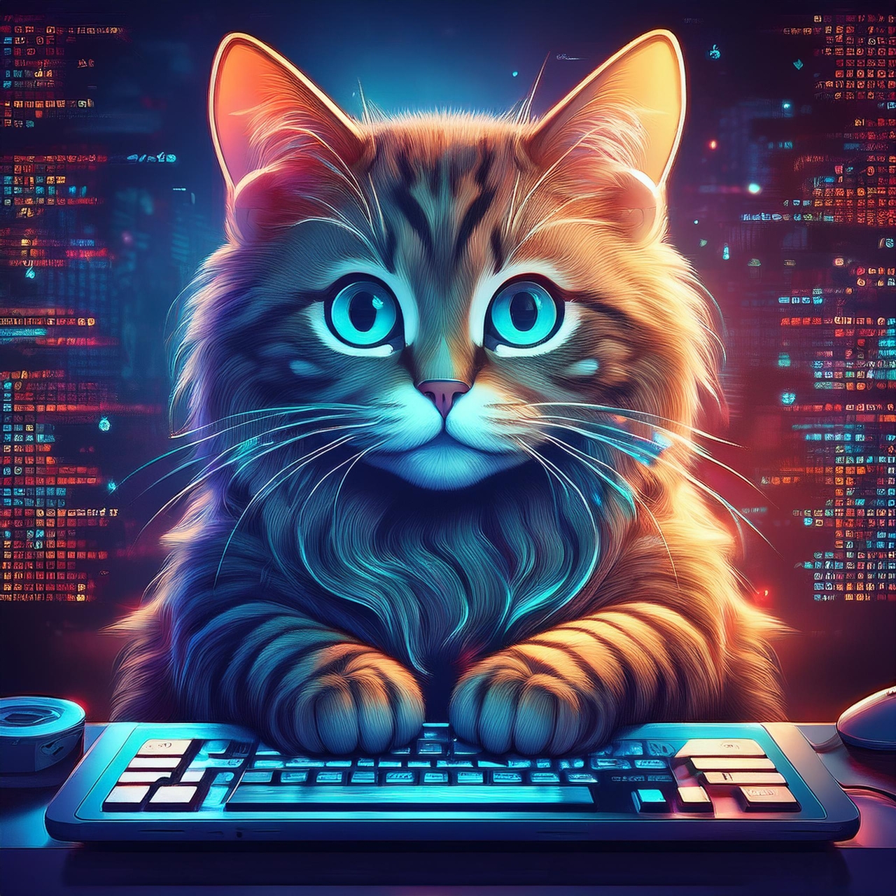 an illustration of a cat coding on a laptop