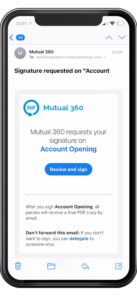 Mobile phone screen with description of Mutual 360 using Adobe Sign API.