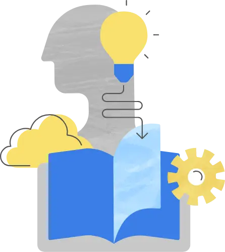 The silhouette of a head in front of an open book with a cloud, wheel spoke and light bulb surrounding the head. 