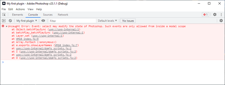 Chrome Developer Tools showing an error: "Uncaught Error: Event: select may modify the state of Photoshop. Such events are only allowed from inside a modal scope"