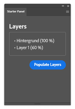 A Photoshop panel showing a list of layers including their opacity and a button called "Populate Layers"