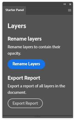 Photoshop panel with two buttons: "Rename Layers" and "Export Report"