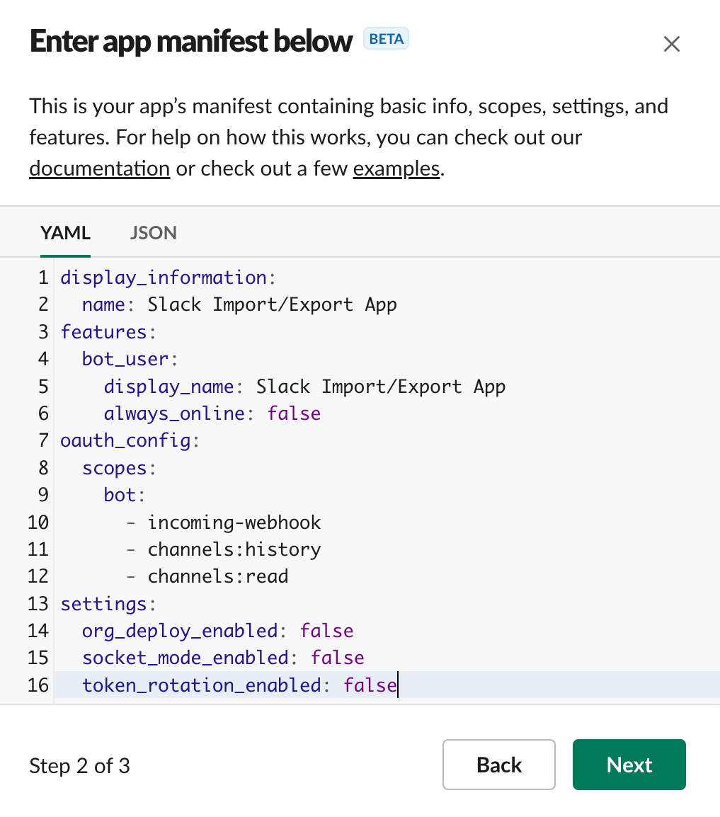 Enter Slack App Manifest