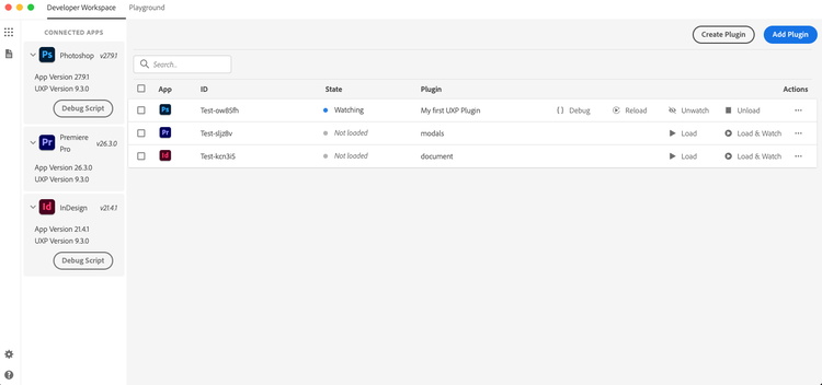 The UXP Developer Tool Developer Workspace, showing connected apps and a list of plugins with their load states and actions