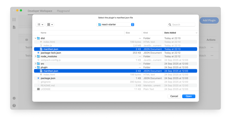 Source and distribution manifests in a bundled plugin project